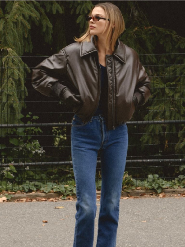 House Of Cb Sante Dark Brown Vegan Leather Bomber Jacket